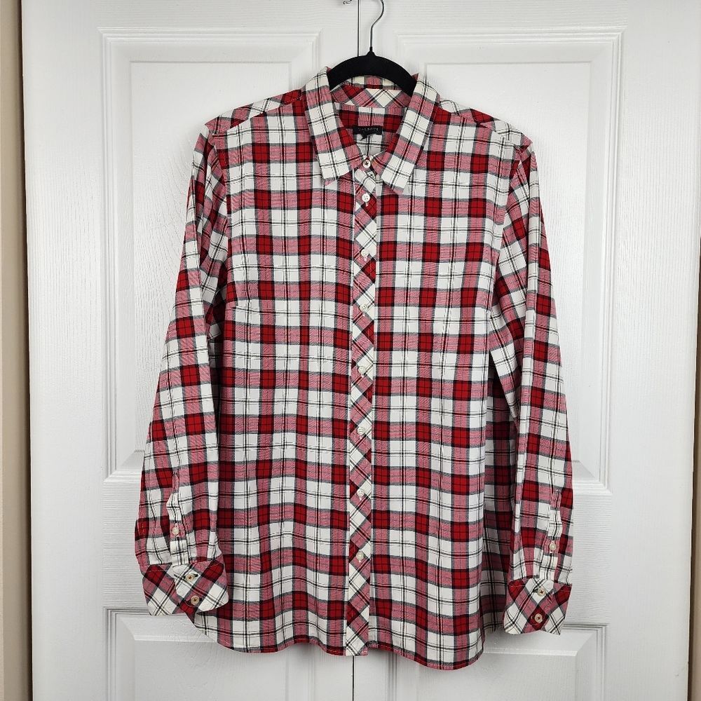 Talbots Plaid Button up Shirt Metallic Blouse Top Red White Black Cotton Size L - Picture 11 of 13